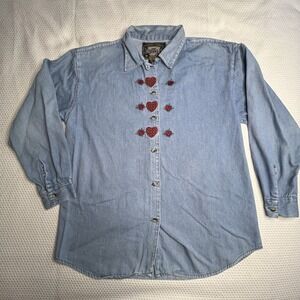 No Barriers Womens Vintage‎ Size Medium Cotton Denim Embroidered Button Down Top